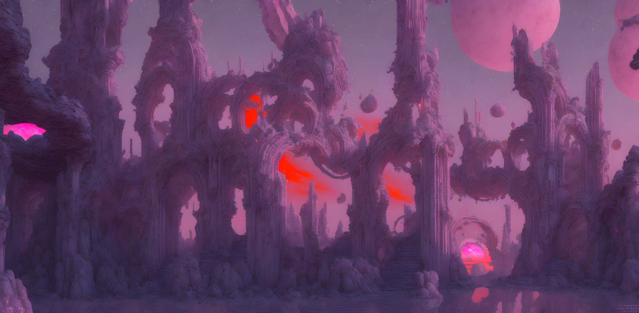 Purple and Pink Alien Landscape with Towering Spires and Moons