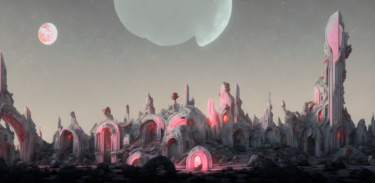 Alien landscape at dusk: spires, red portals, two moons