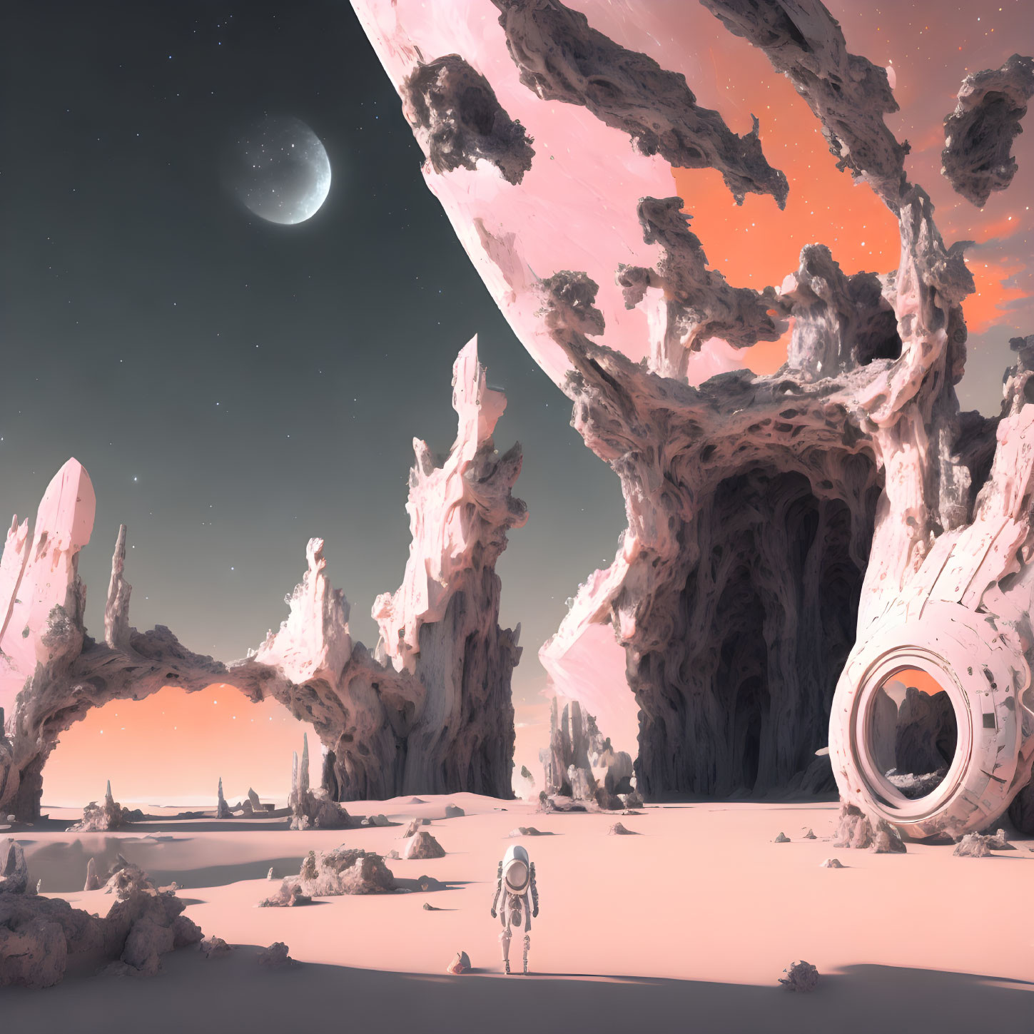 Astronaut explores surreal alien landscape with towering rock formations