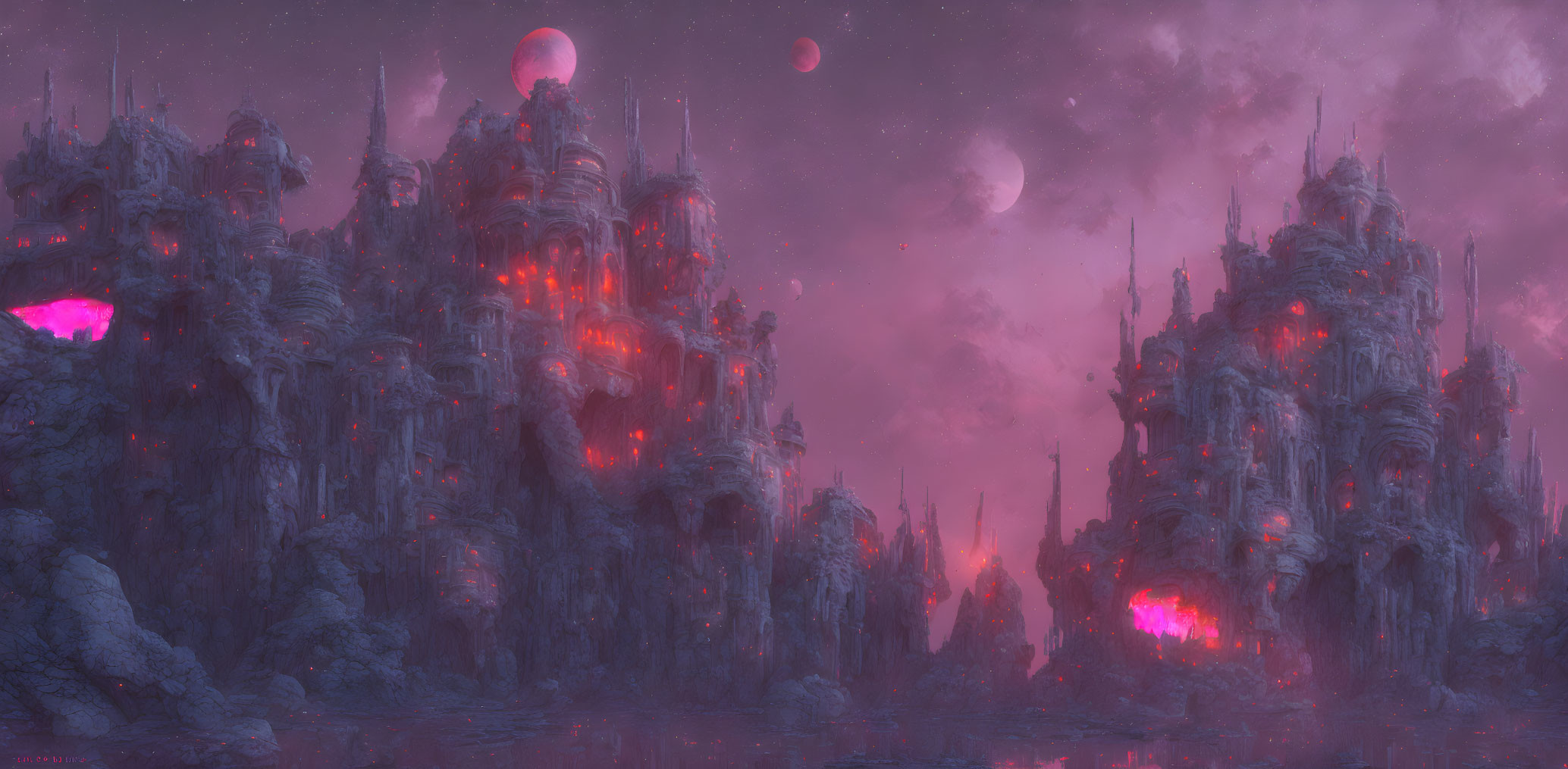 Fantastical landscape with illuminated spires, purple sky, and two moons