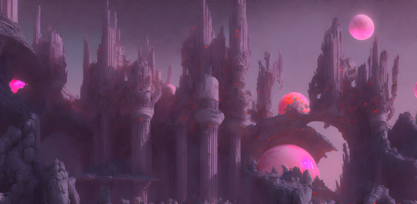 Alien landscape with towering spires and pink moons