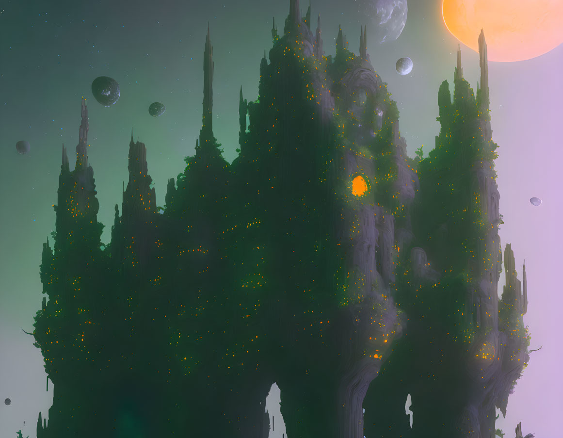 Alien landscape with green spires and celestial sky