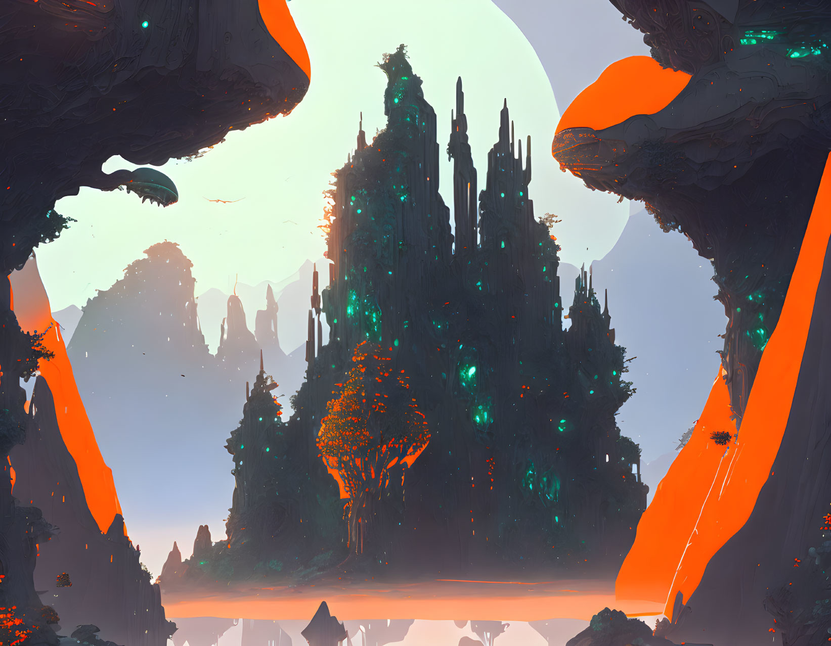 Futuristic landscape with towering spires and floating islands amid vibrant flora and an orange-hued sun