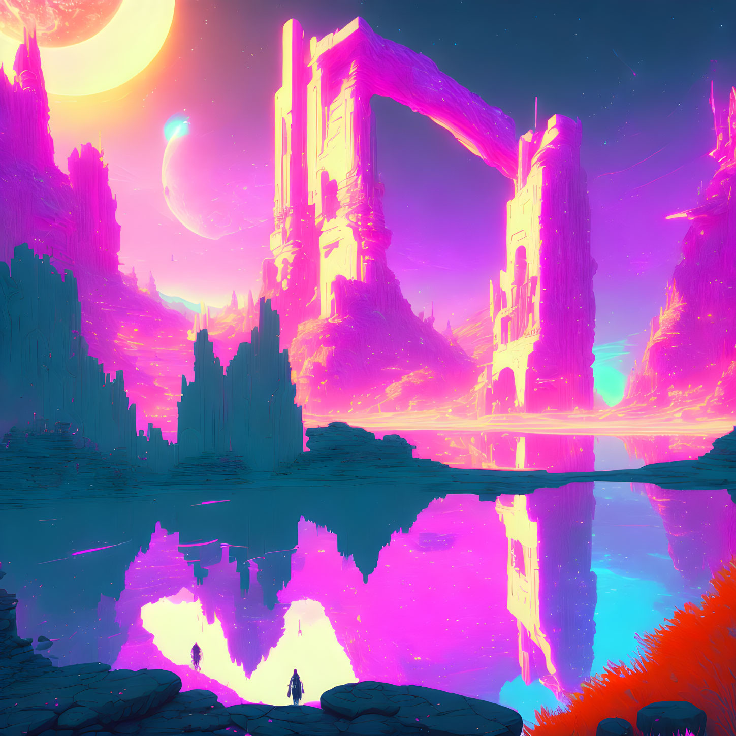 Futuristic alien landscape with neon pink and blue hues, figures by water under large moon