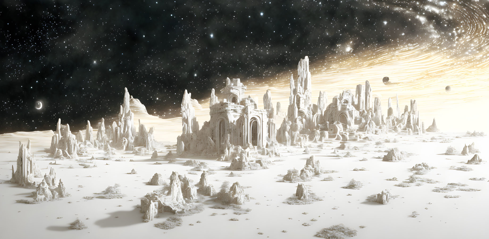 Snow-covered landscape with towering ice structures under a starry sky and distant galaxy.