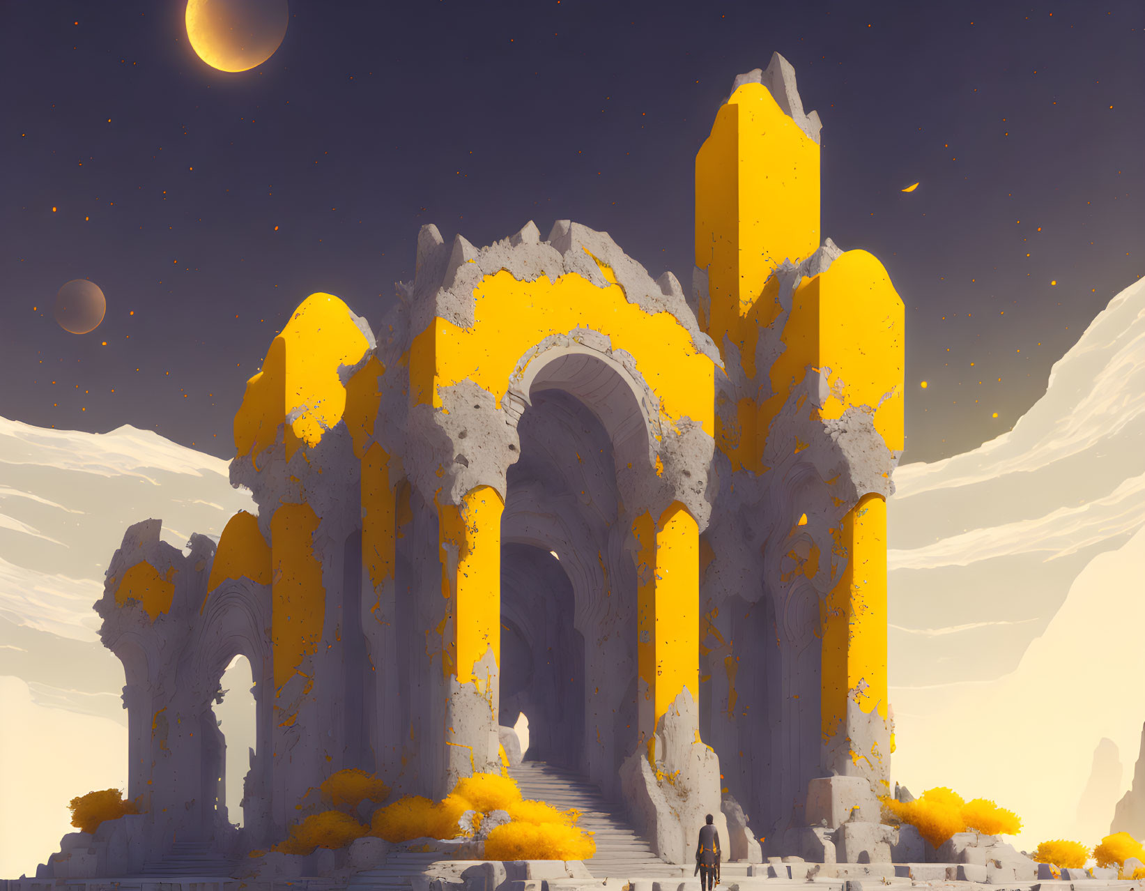 Ancient ruins under two moons in a golden landscape