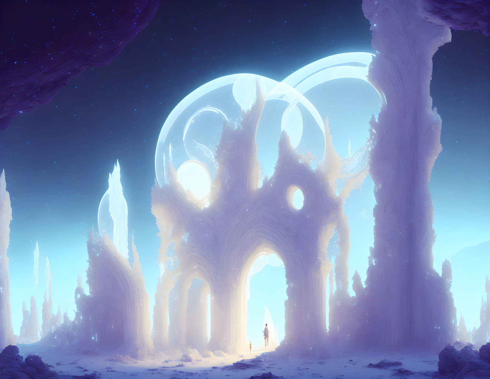 Majestic glowing archway on alien world with towering structures