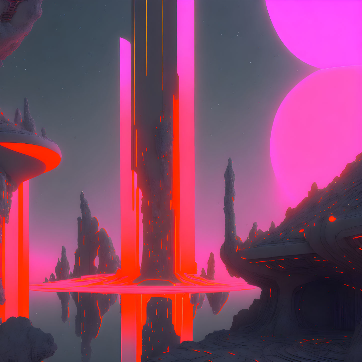 Surreal sci-fi landscape with magenta skies and neon-lit towers