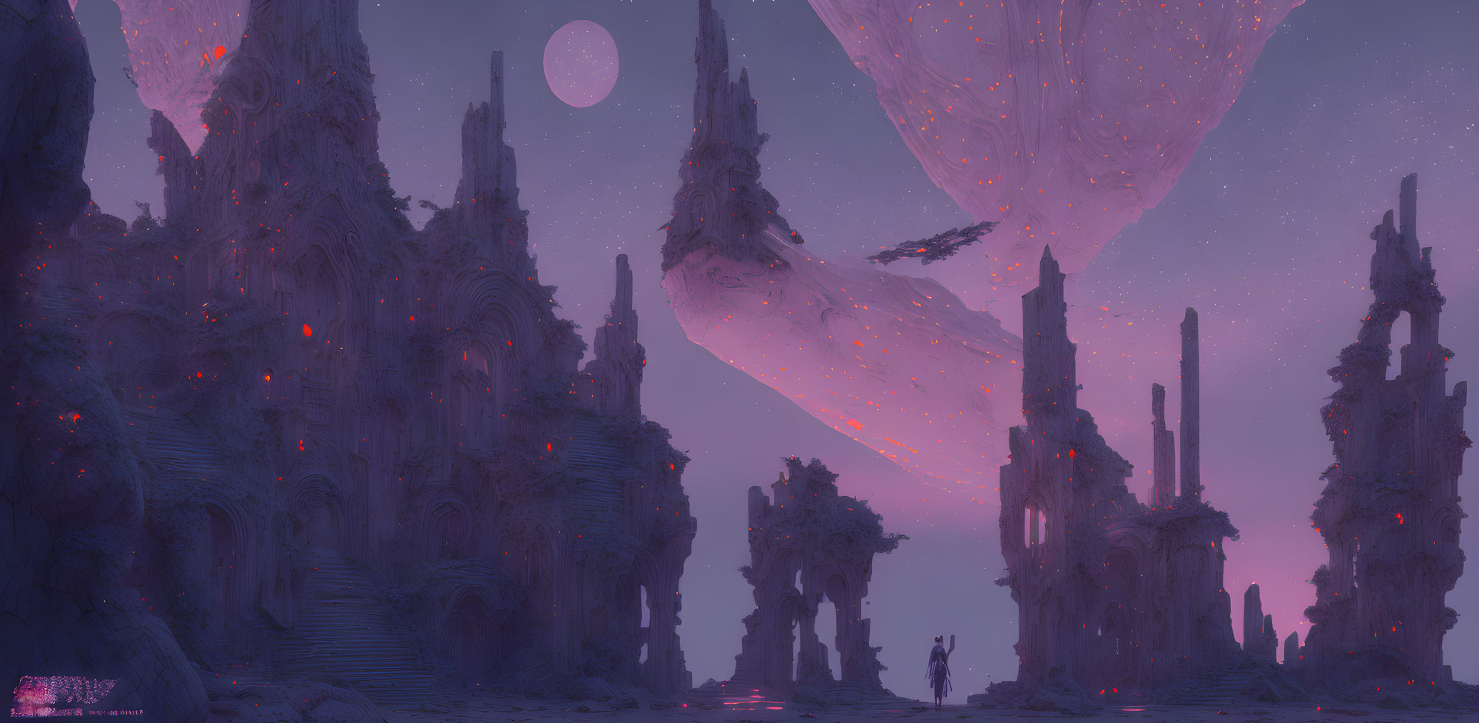 Alien structures and floating creatures in twilight landscape.