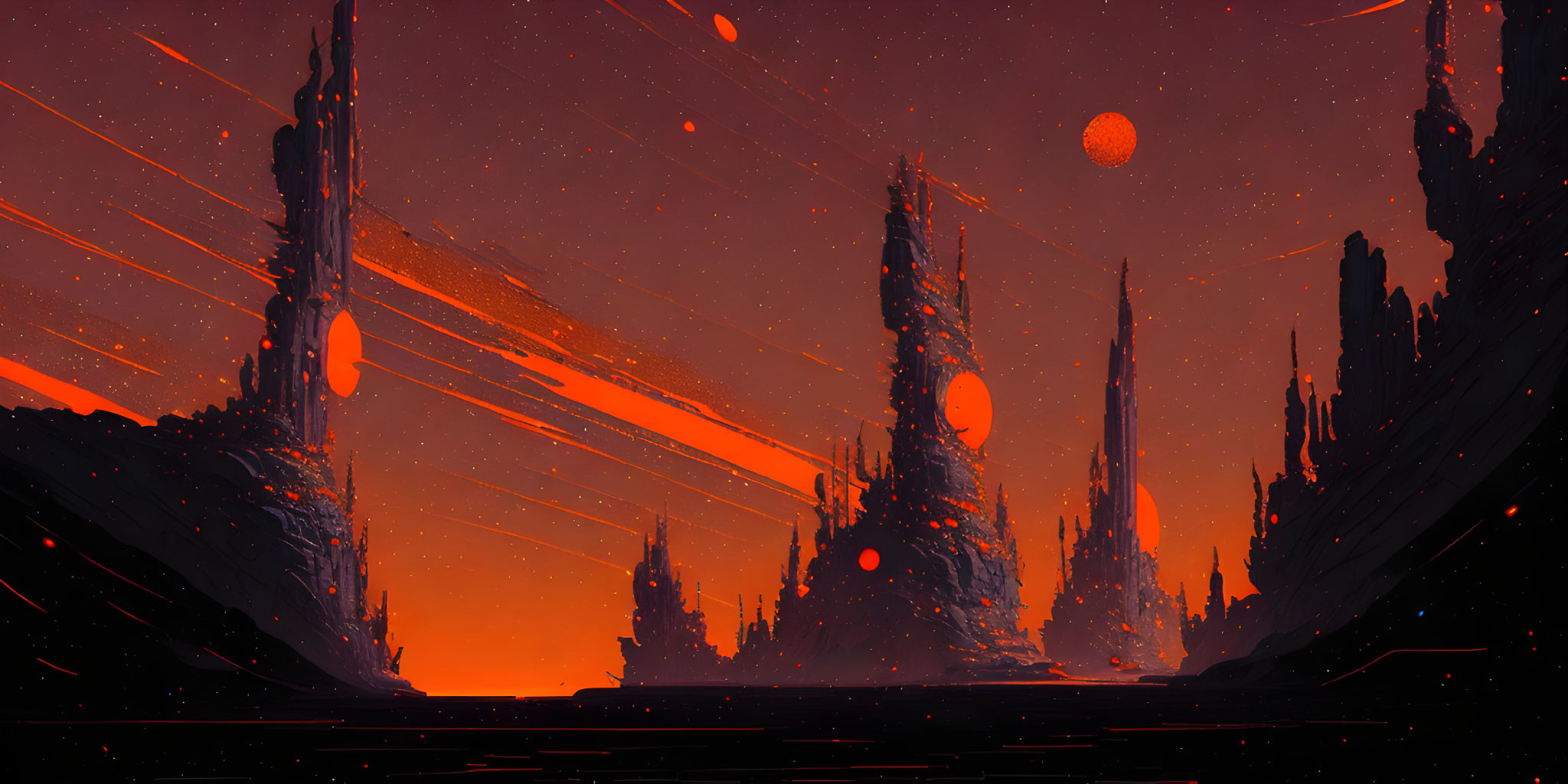 Sci-fi landscape with towering spires and orange skies