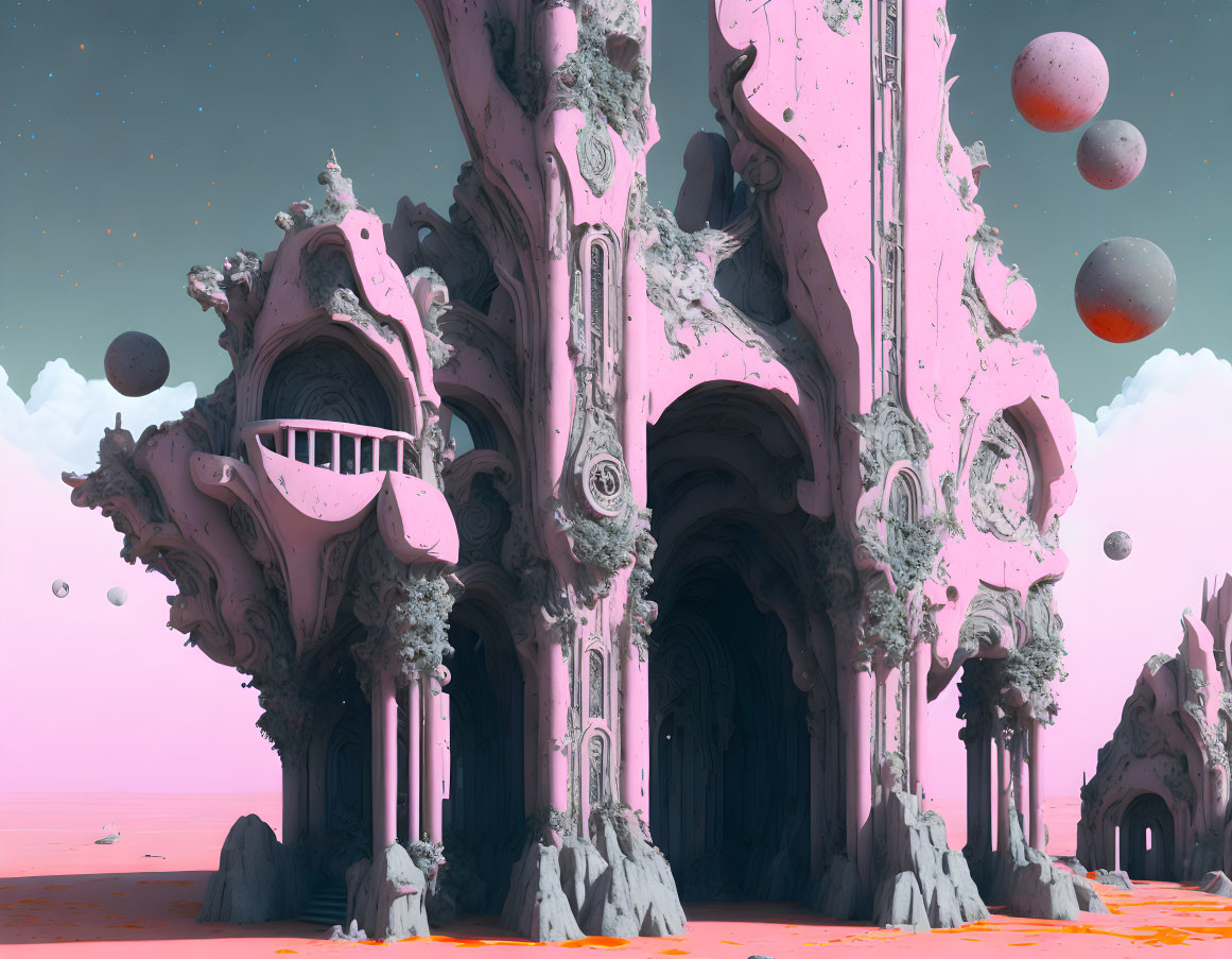 Alien landscape with pink structures and floating orbs under orange sky