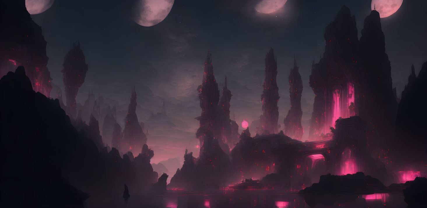 Mystical night landscape with towering spires and multiple moons