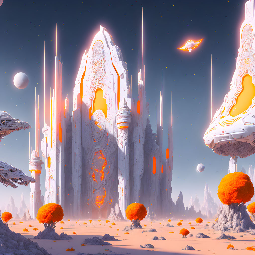 Vibrant fantasy landscape with floating rocks and spaceship