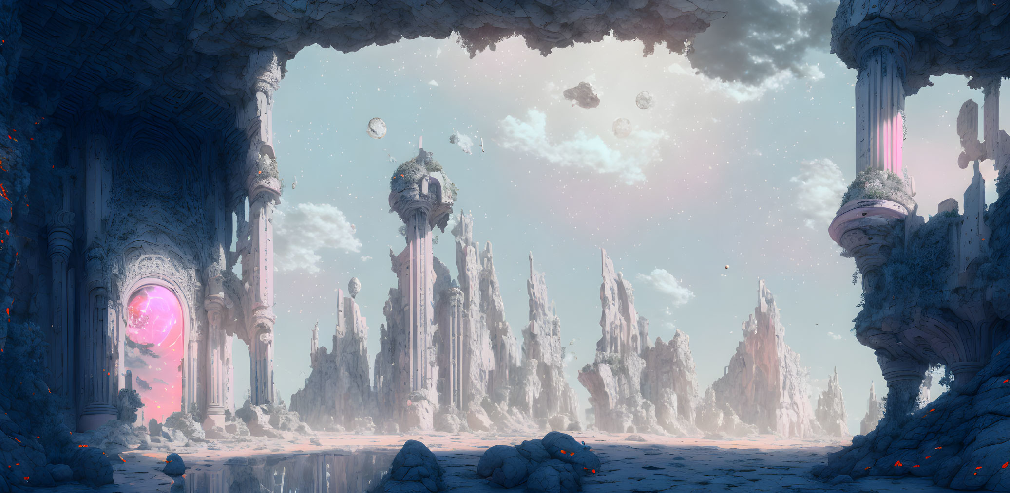 Majestic ancient ruins in surreal otherworldly landscape