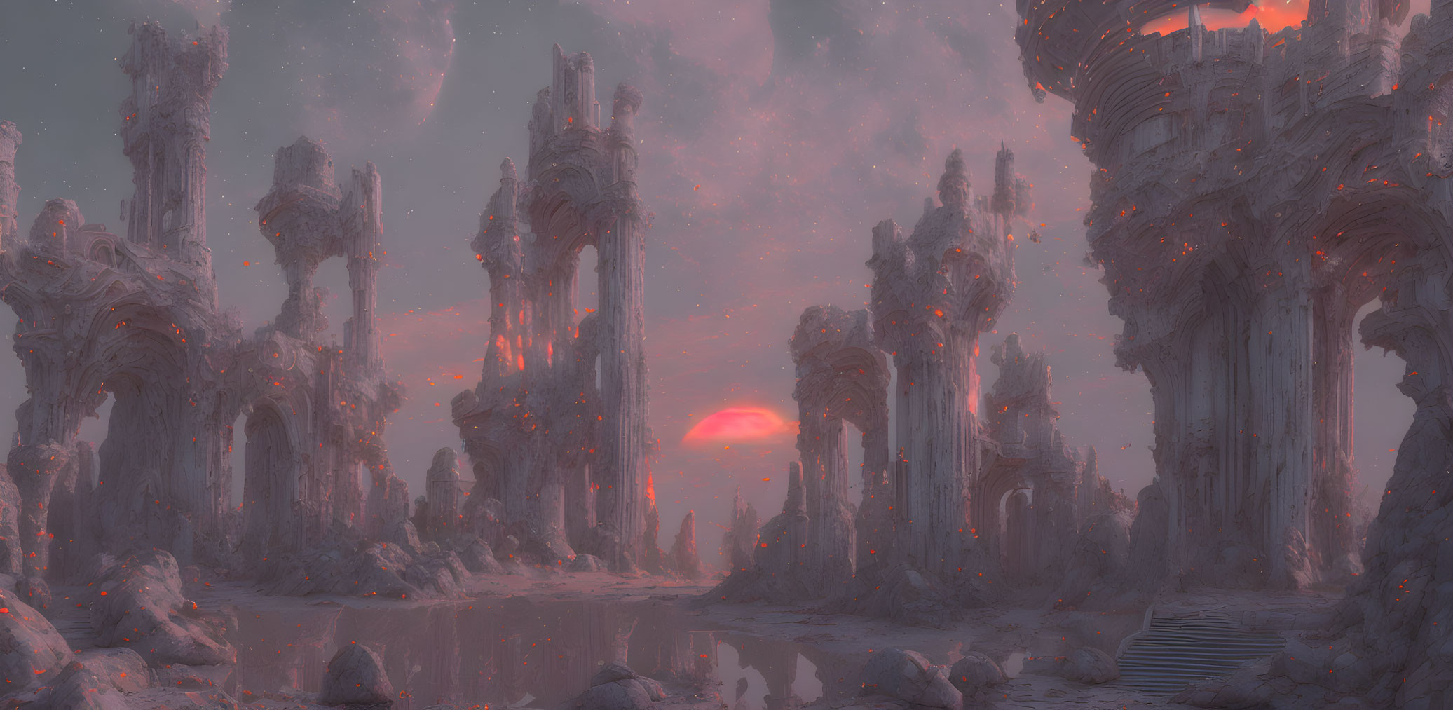 Alien landscape with ancient ruins under pink sky & setting sun