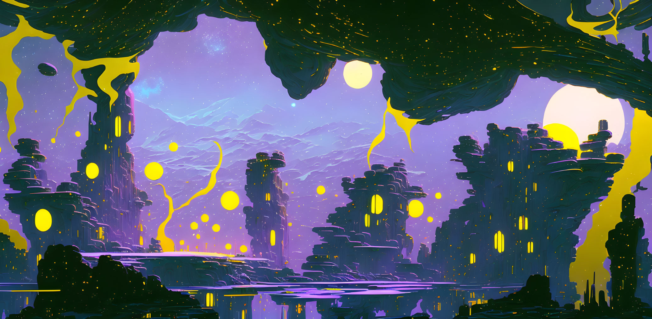 Alien landscape with rock formations, glowing orbs, reflective lake