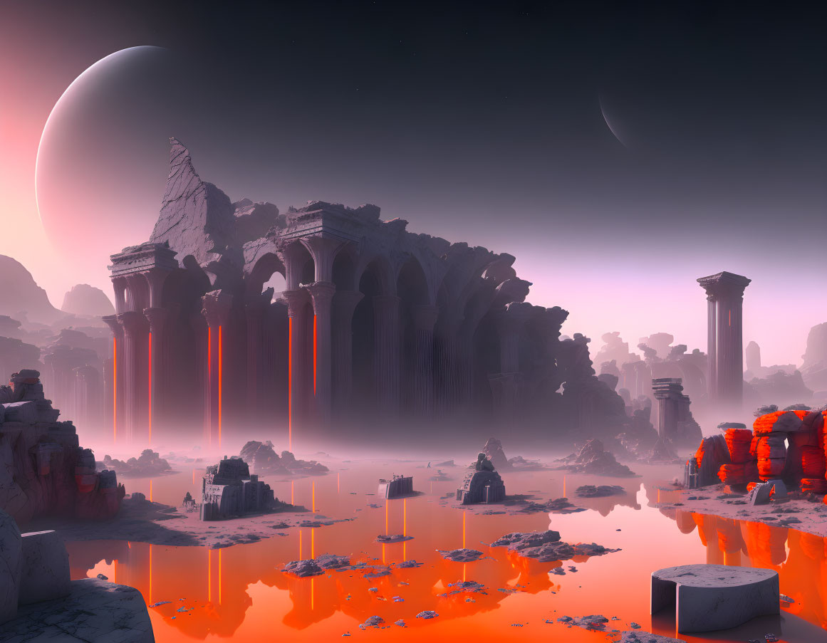 Surreal landscape with ancient ruins, molten lava, and pink sky