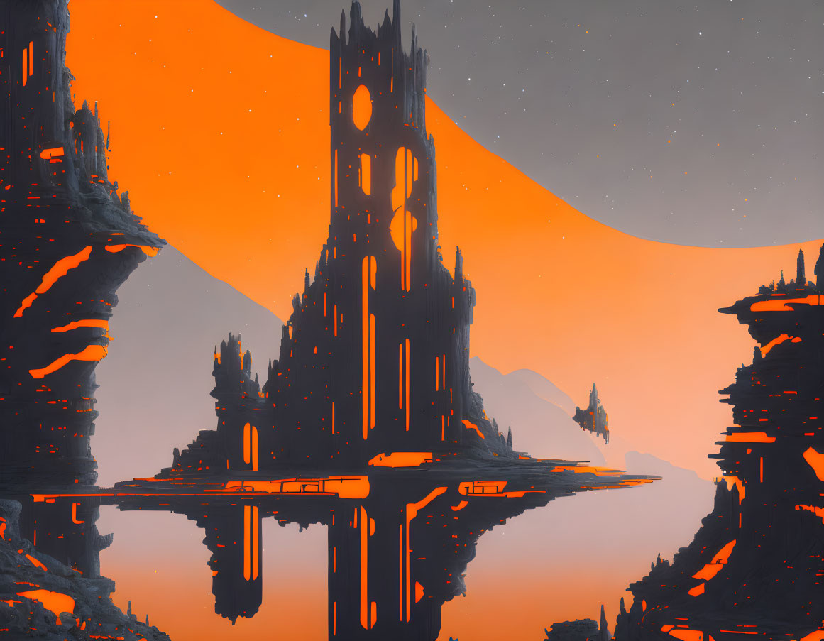 Alien structures in futuristic landscape with orange sky