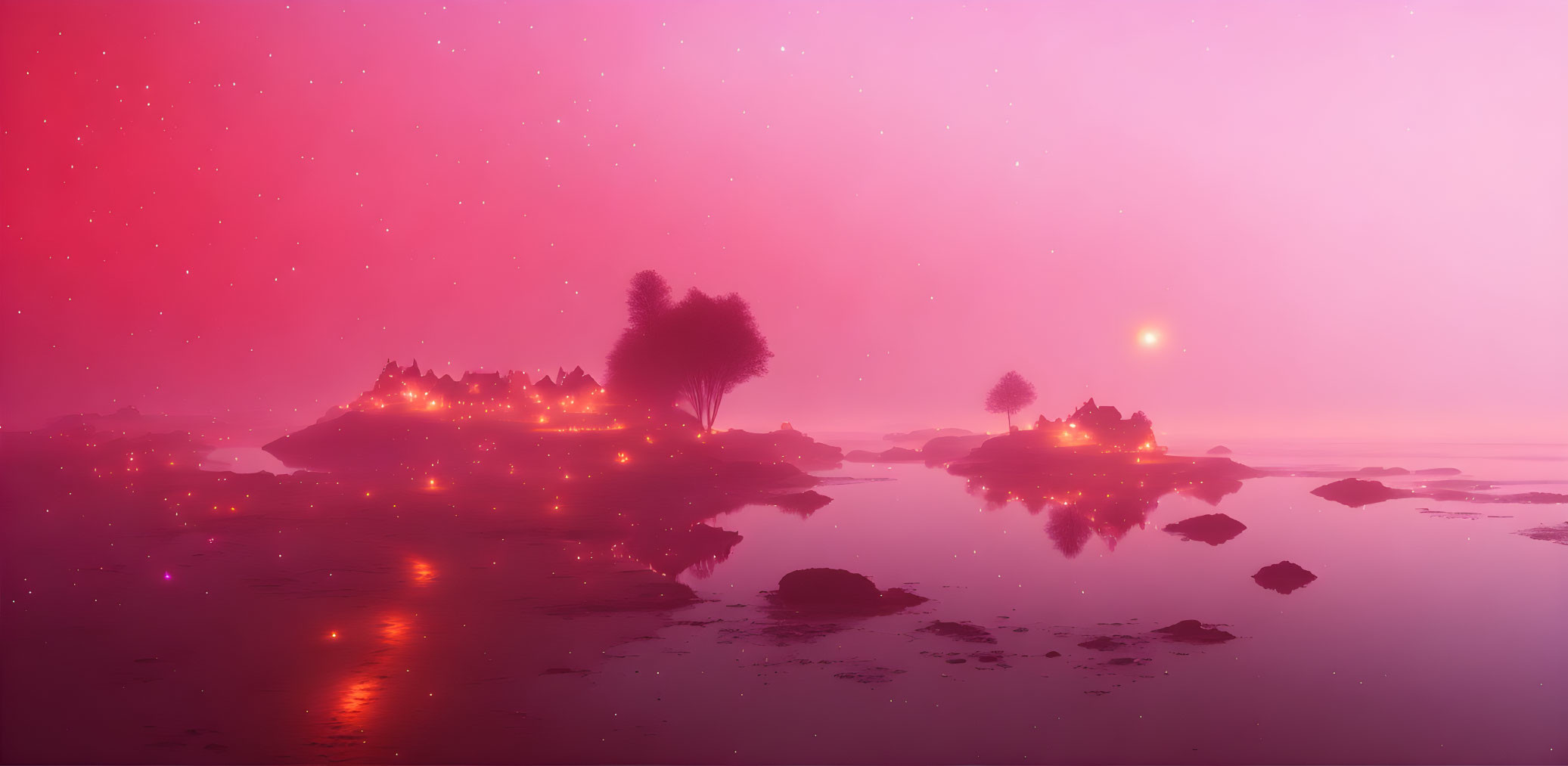 Pink-hued landscape with glowing lights, trees, mist, and starry sky over calm waters