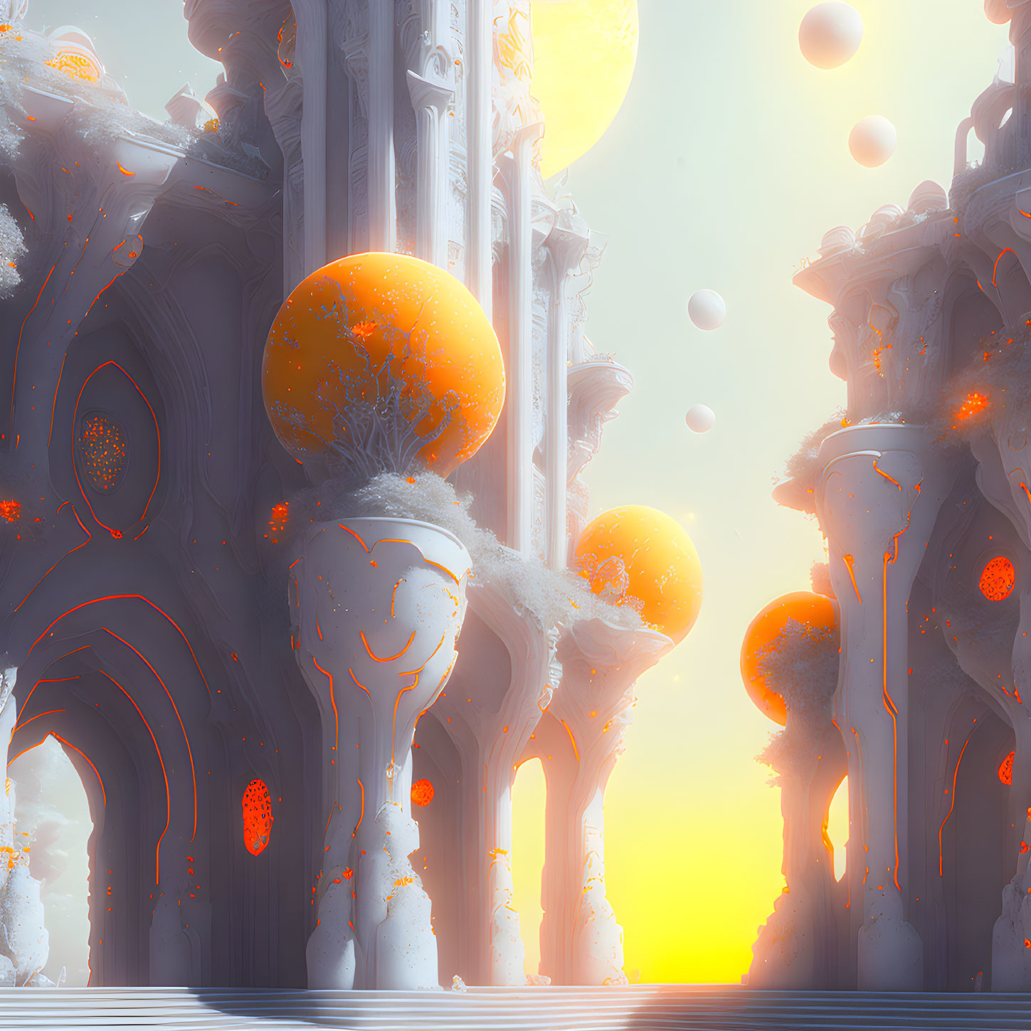 Alien landscape with ornate columns and floating orbs in vivid orange palette