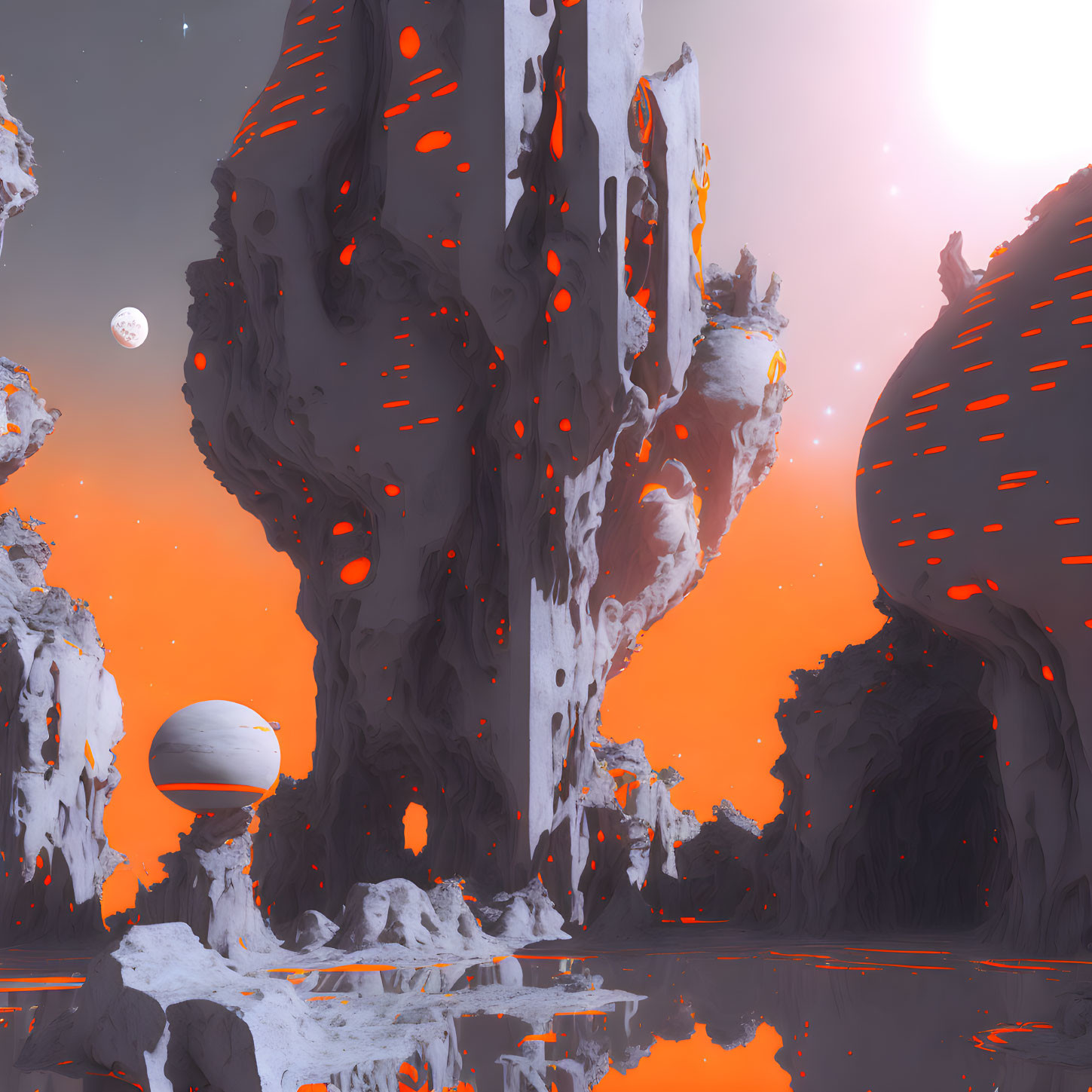 Alien landscape with towering rocks, glowing lava, reflective water