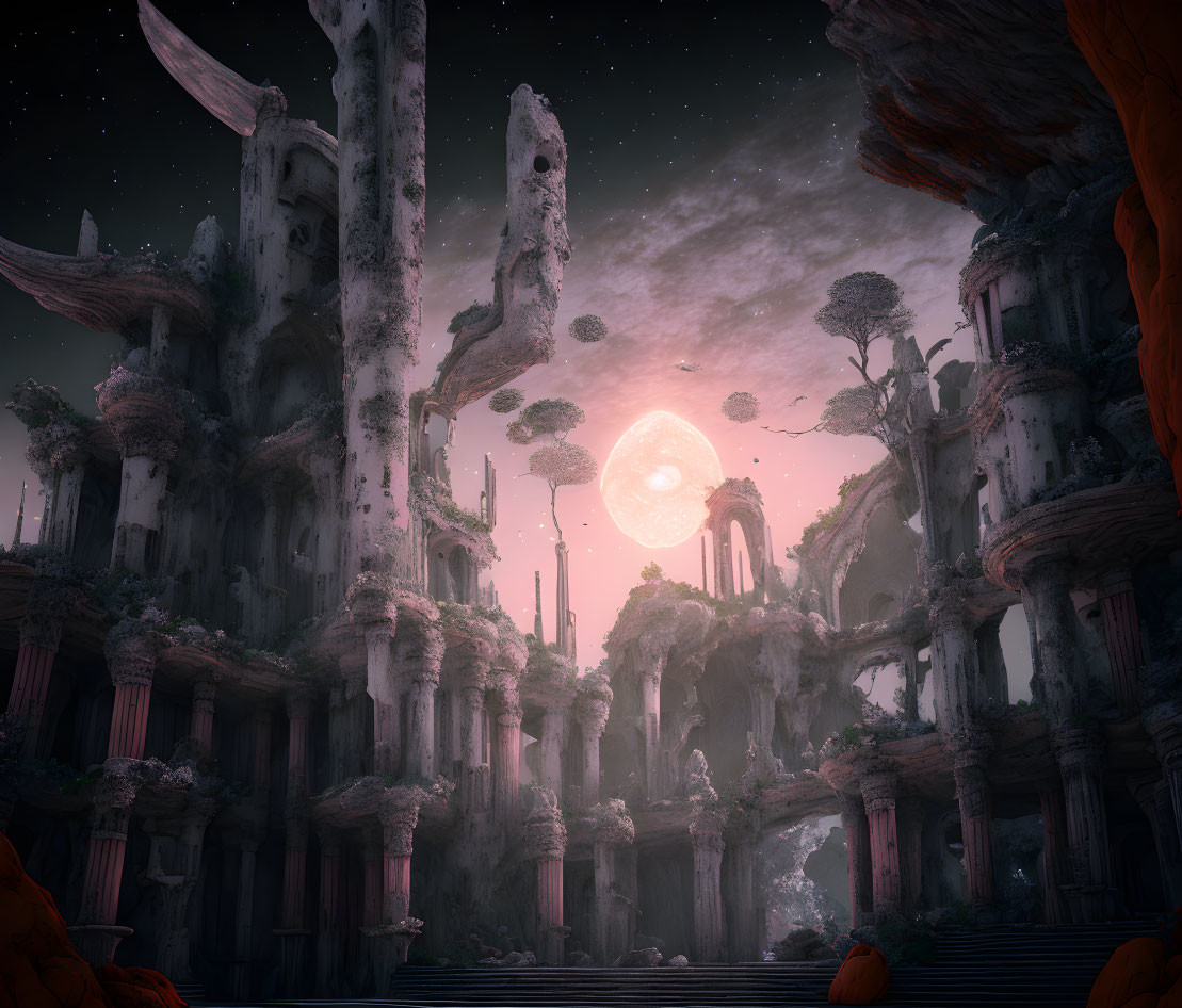 Mystical Ruins with Towering Pillars and Arches in Alien Landscape