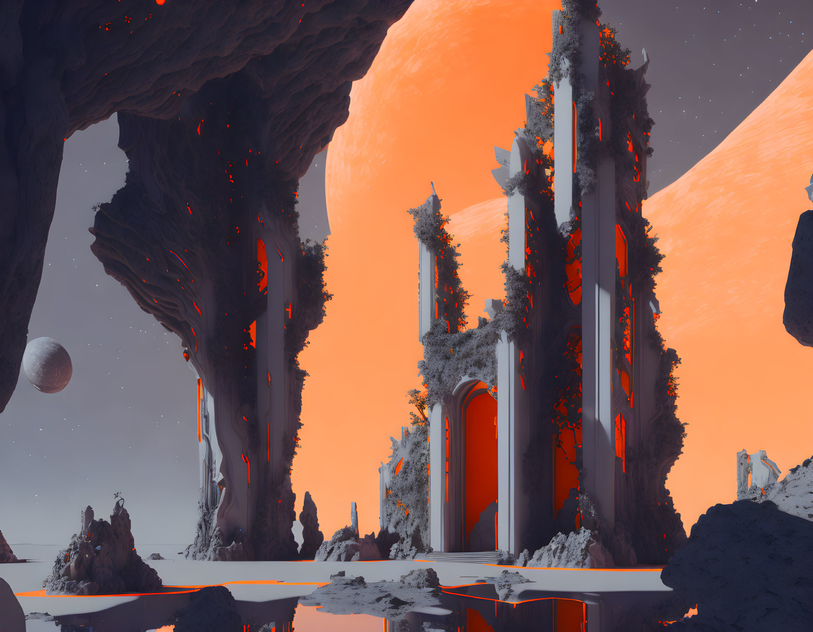 Alien landscape with towering structures and orange sky