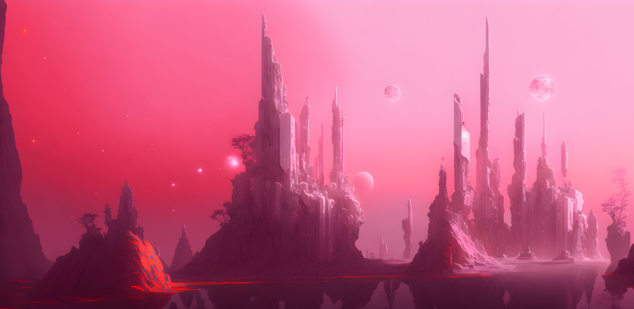 Surreal landscape with towering spires, reflective water, and pinkish-red sky