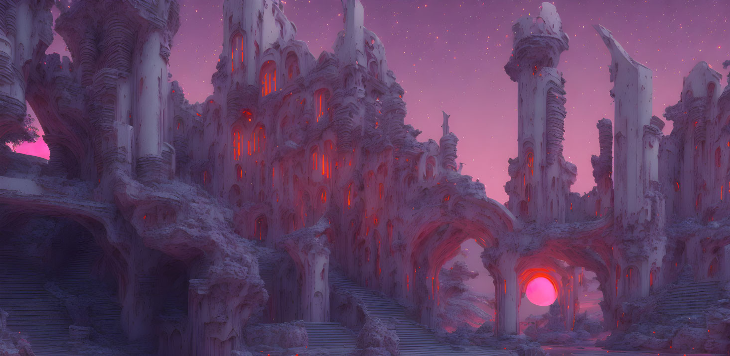 Ancient ruins under a pink starry sky with setting sun.