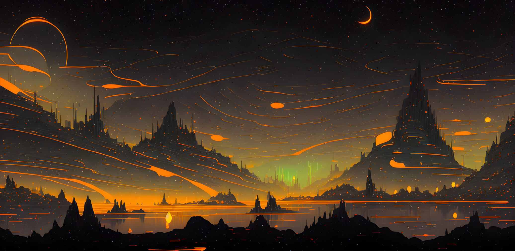 Futuristic landscape with towering structures, glowing skies, reflective water, and multiple moons.