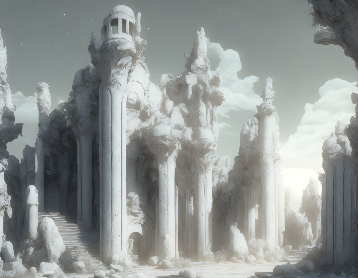 Snow-covered ruins with towering columns and arches under soft light