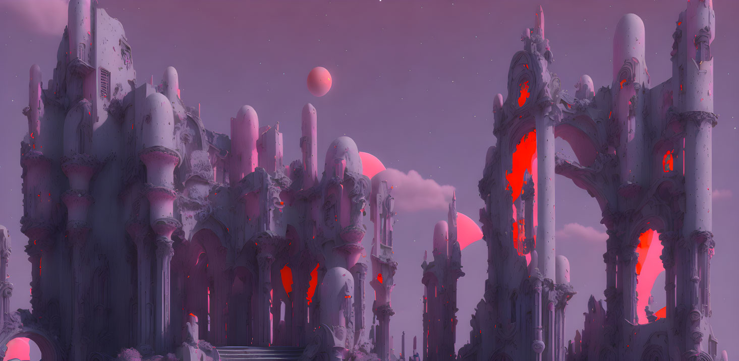 Alien cityscape at dusk: surreal spire-like buildings under pink and purple sky