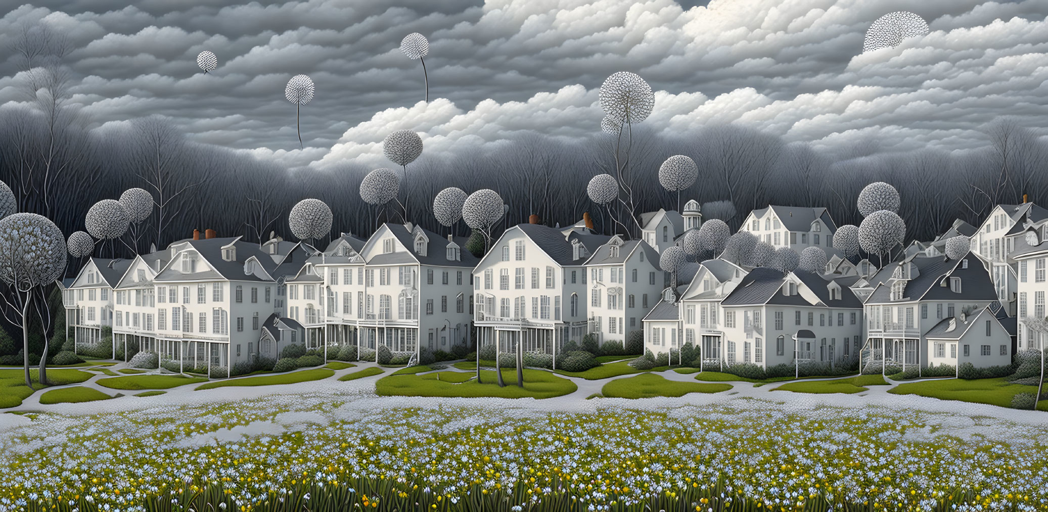 White houses with dark roofs in yellow flower field under gloomy sky