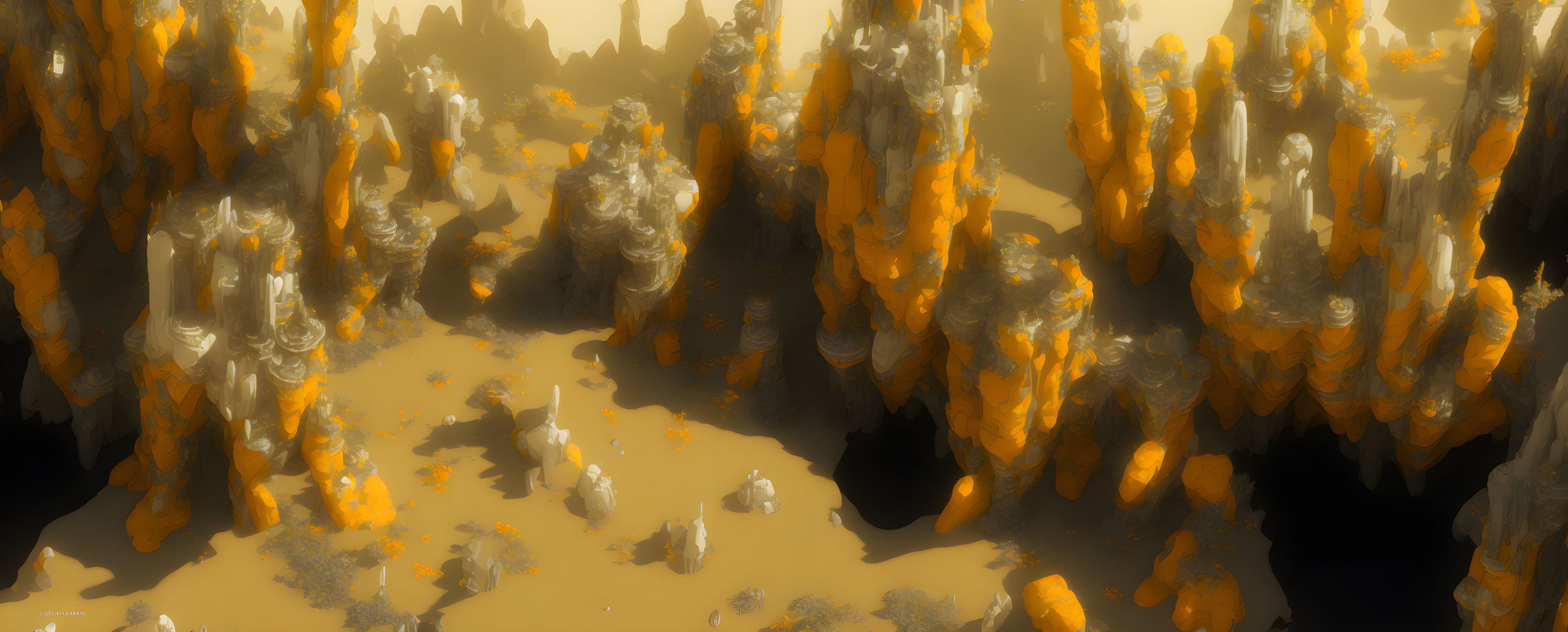 Surreal Landscape with Towering Yellow-Orange Rock Formations