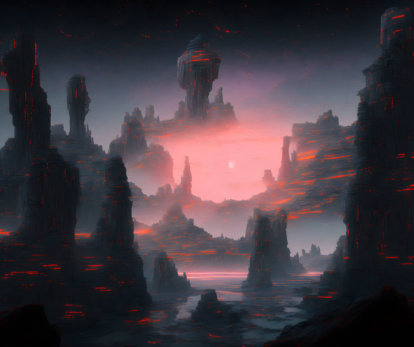 Surreal red landscape with towering rock formations and setting sun