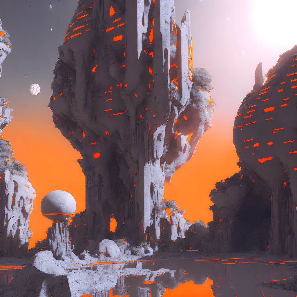 Alien landscape with towering structures and orange hues