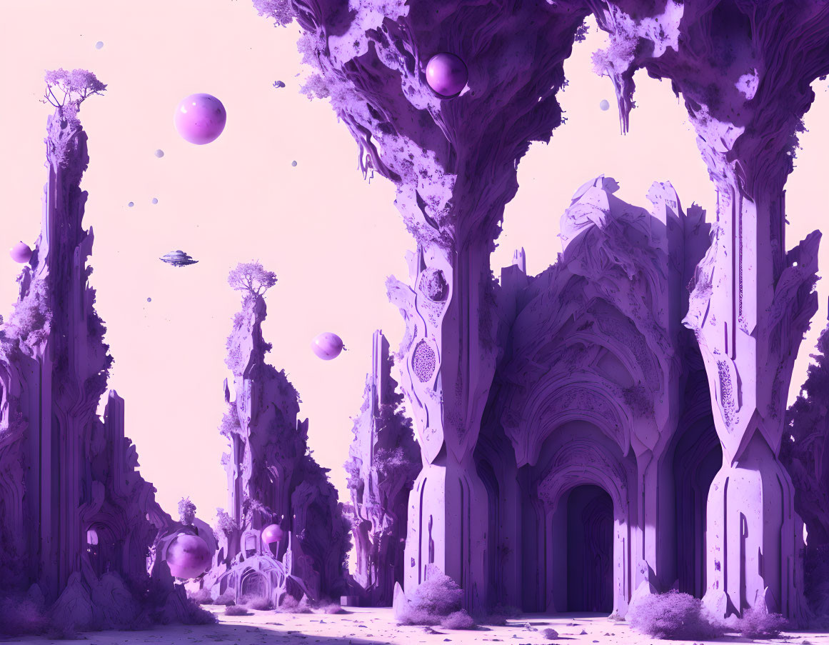 Purple-tinted surreal landscape with floating orbs and organic architecture.