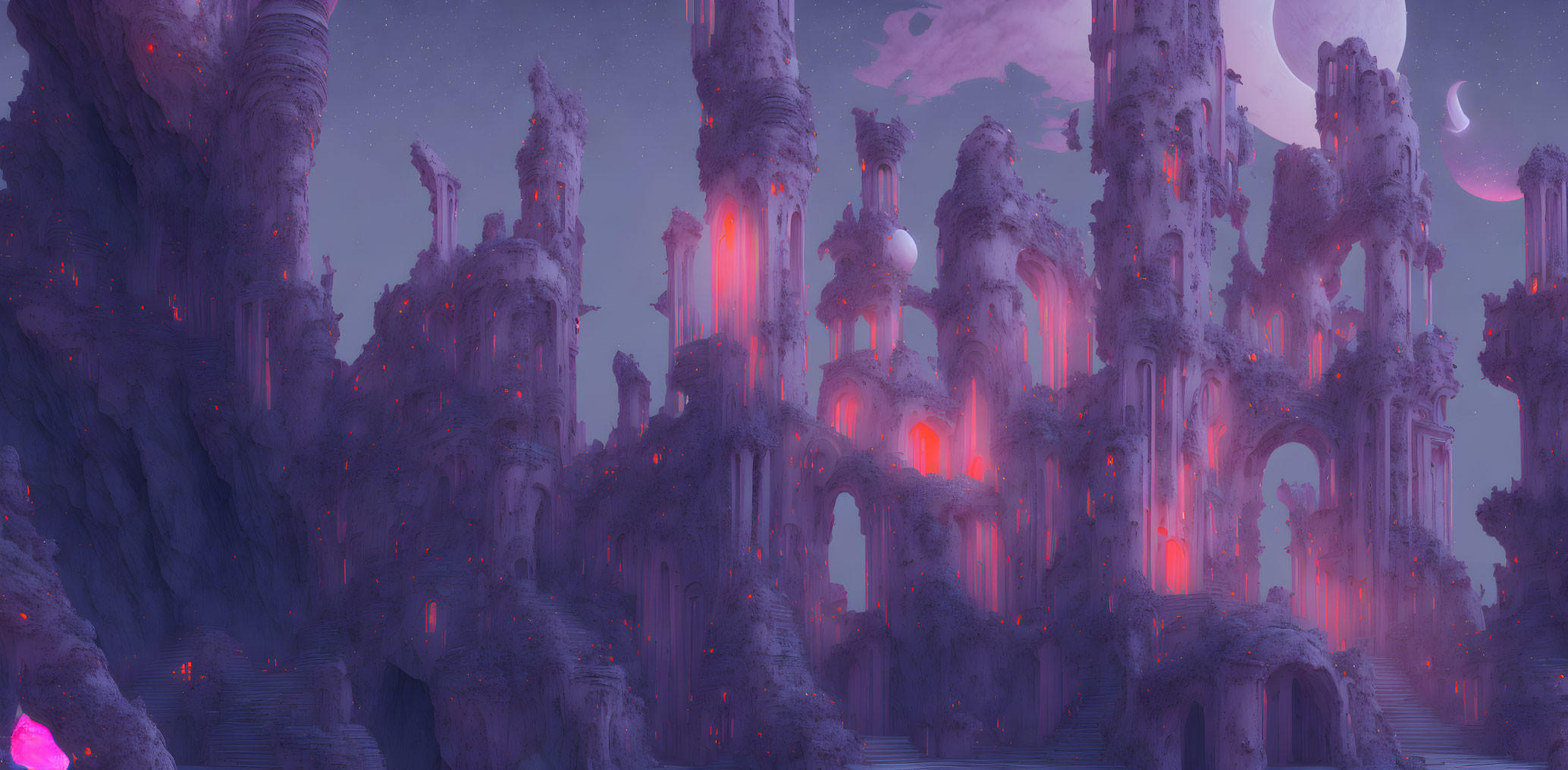 Alien landscape with glowing spires under purple sky