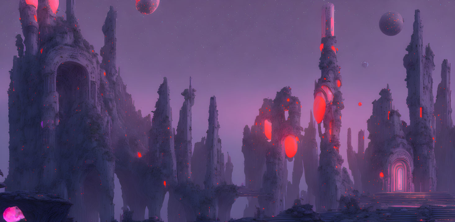 Surreal Purple Landscape with Towering Spires and Glowing Red Orbs