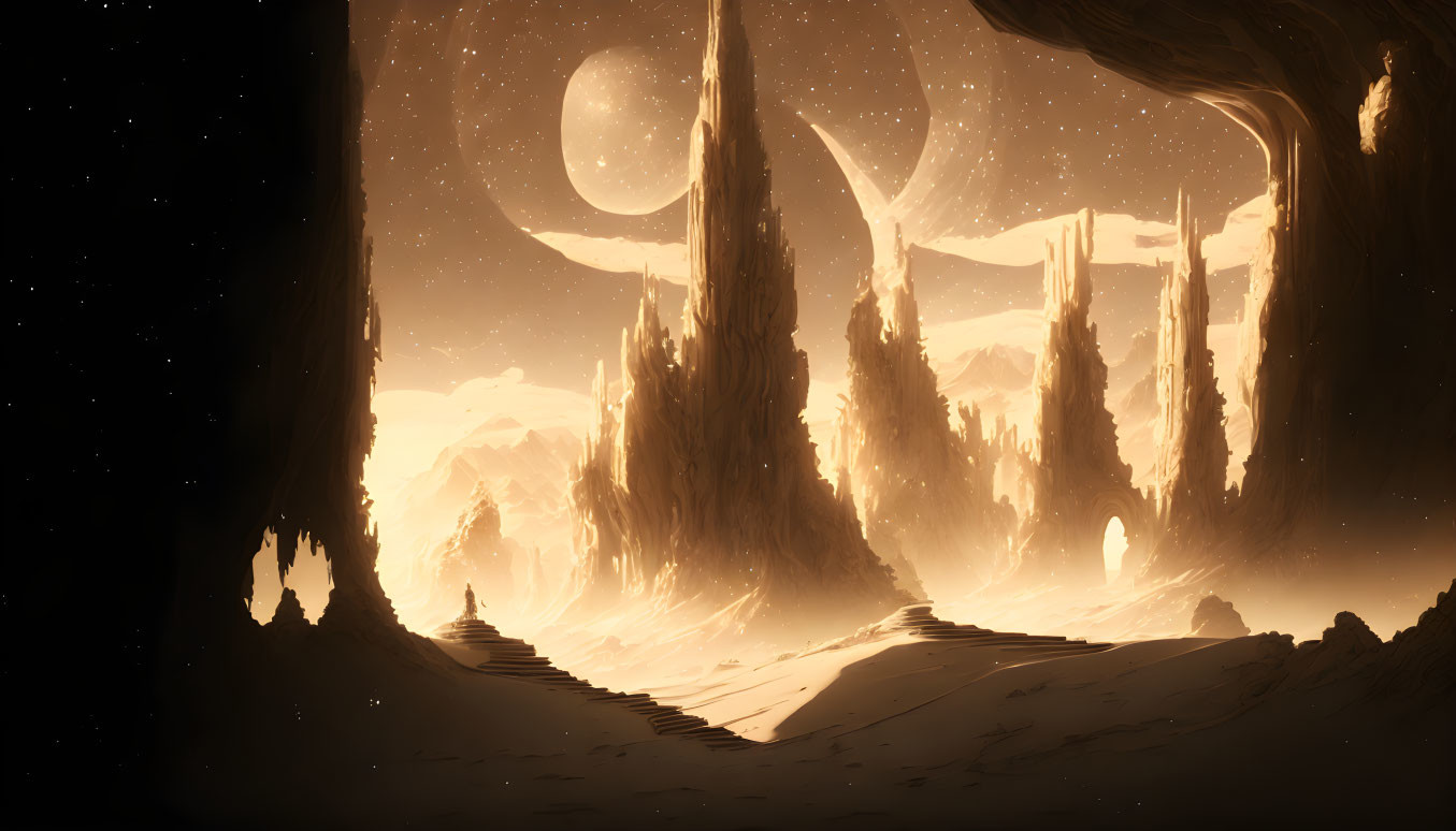 Alien landscape with towering rock formations and large planet in orange sky