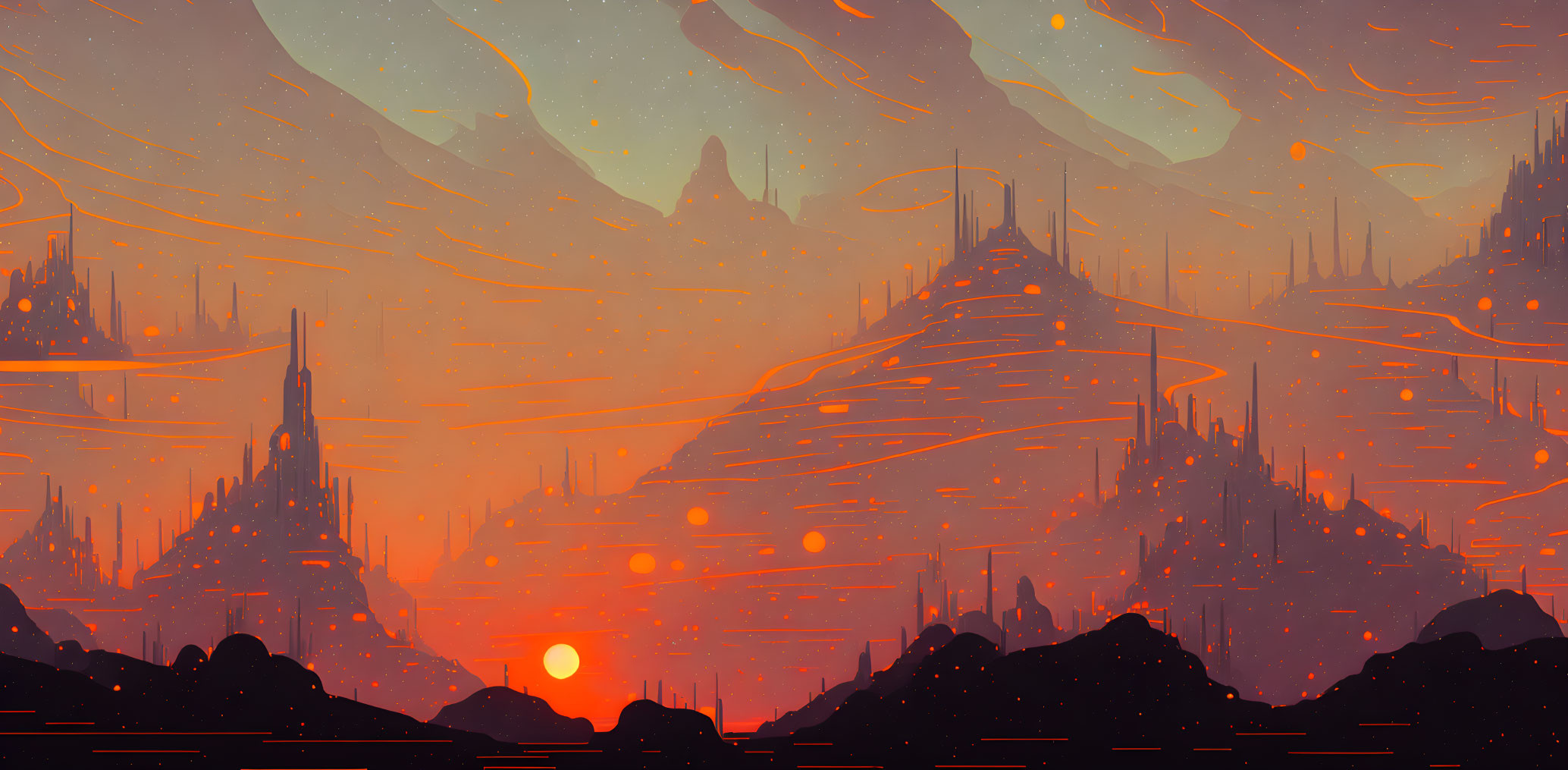 Futuristic cityscape under orange starry sky and rocky backdrop