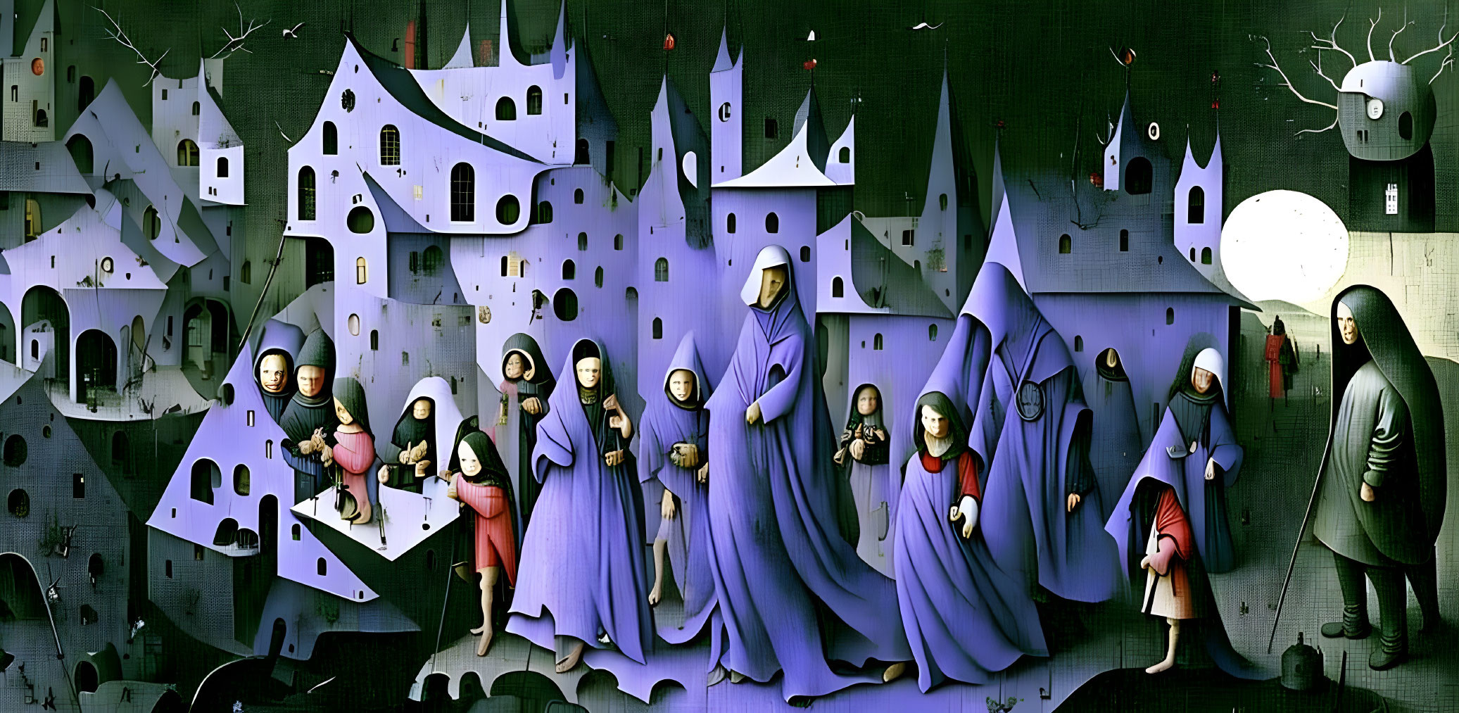 Surreal painting: cloaked figures, whimsical houses, moon, dark palette, pops of