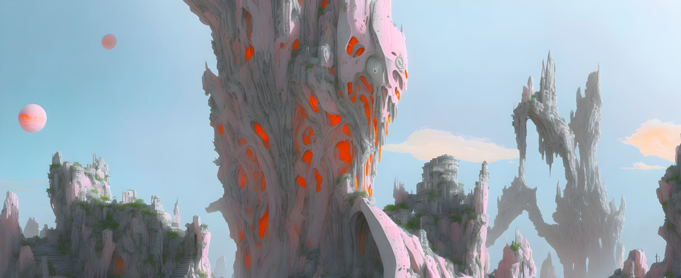 Panoramic fantasy landscape with towering rocky structures and glowing orange patterns