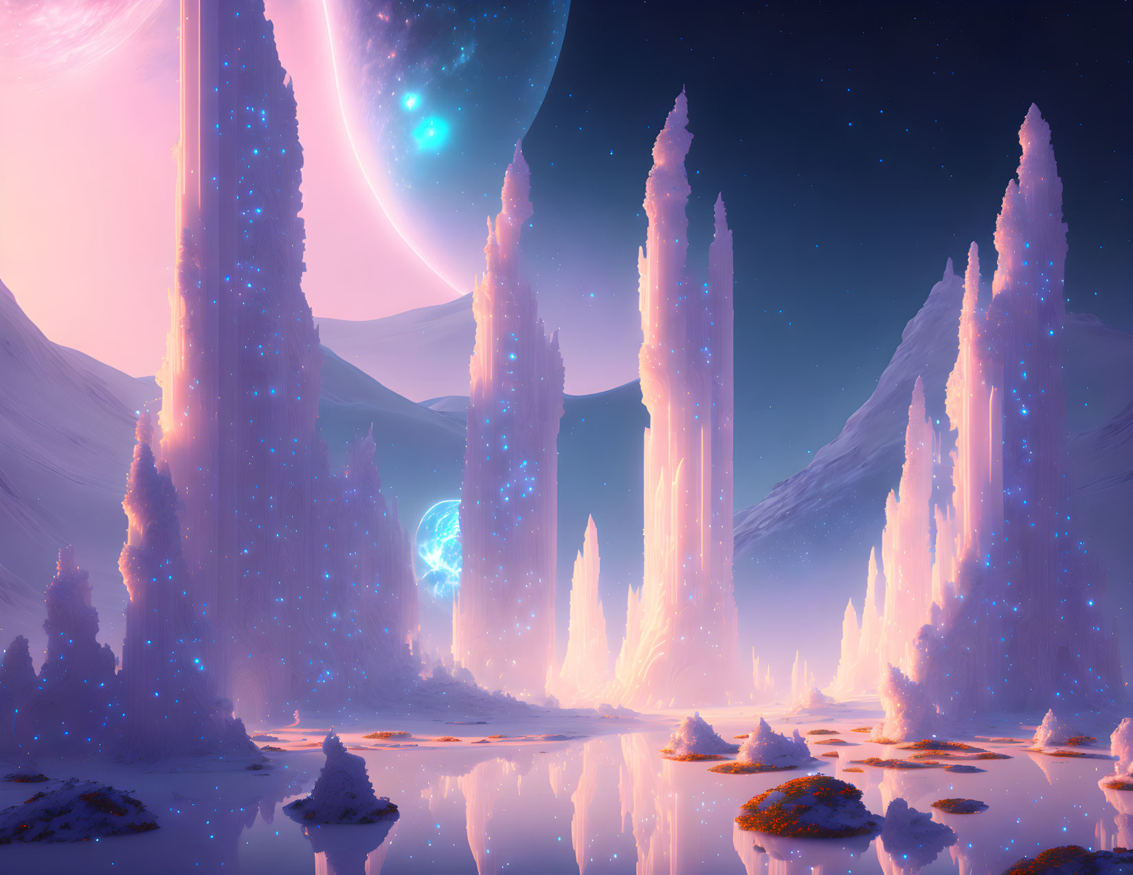 Luminescent pink crystal formations in alien landscape with water body and massive planets.