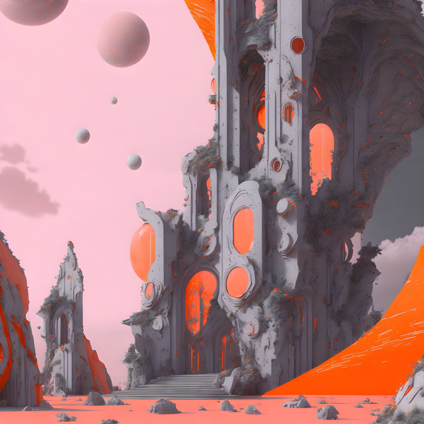 Surreal futuristic landscape with orange and gray structures under pink sky