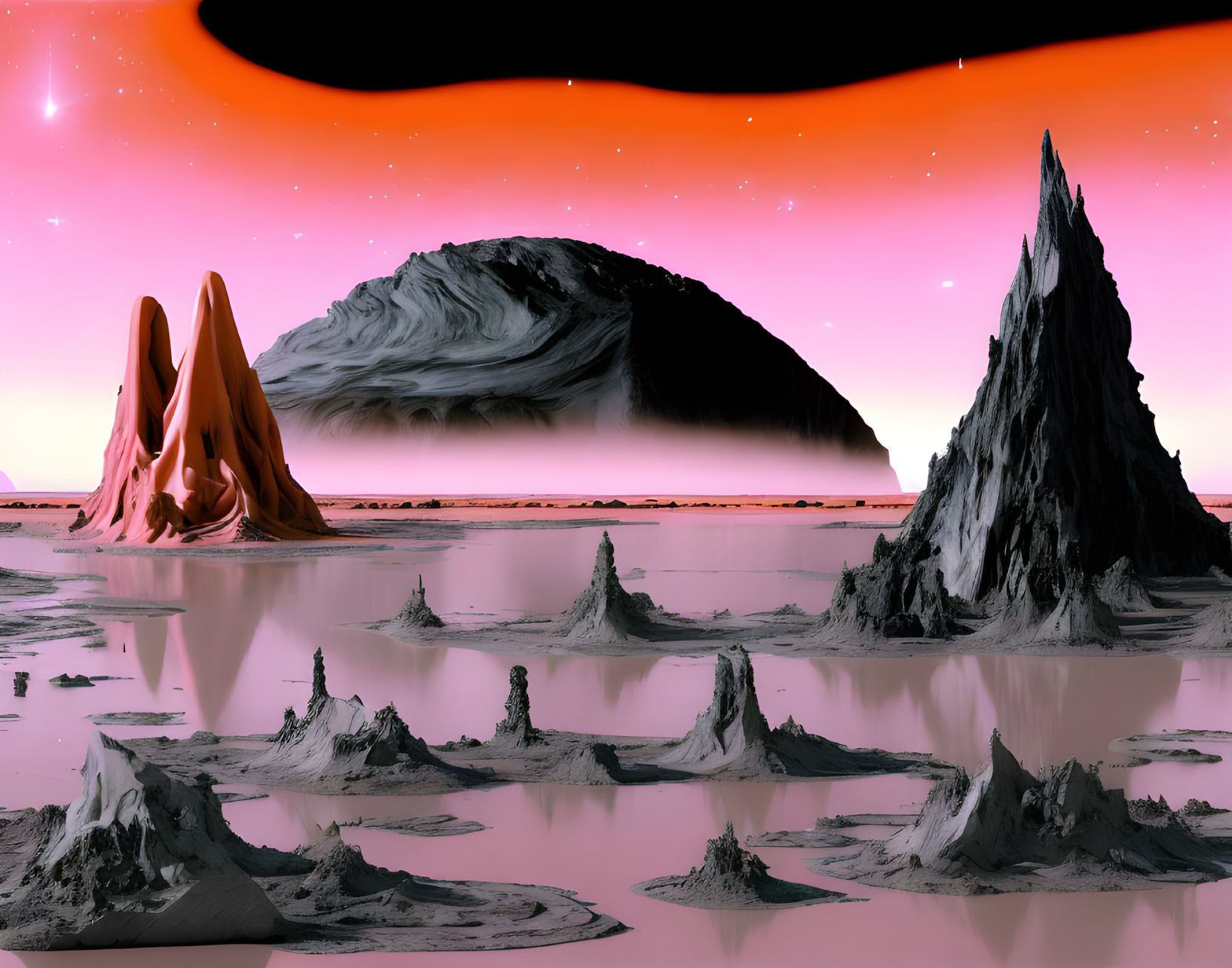 Alien rock formations in surreal landscape with pink sky and reflective water