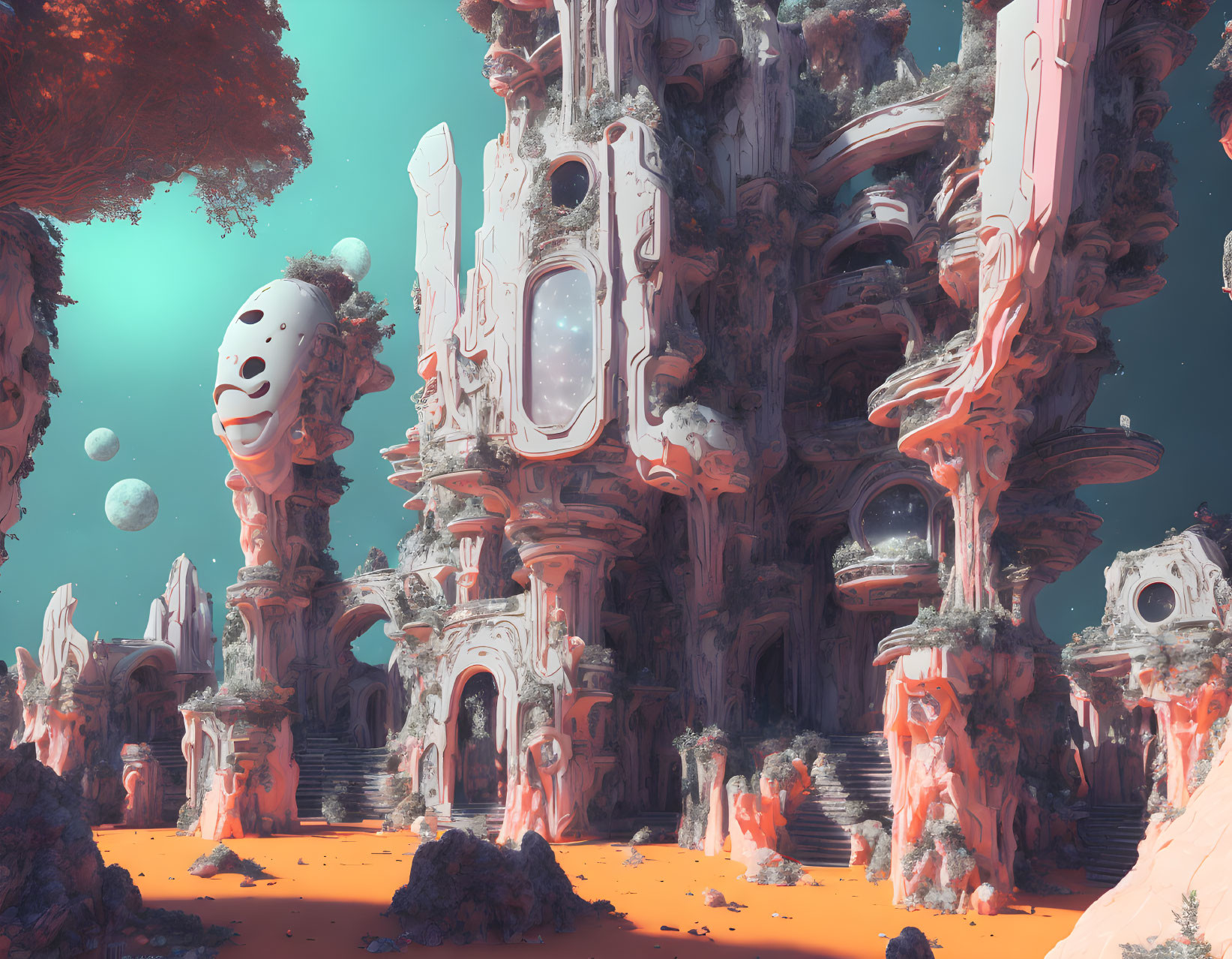 Surreal alien landscape with towering structures and planets in orange hue