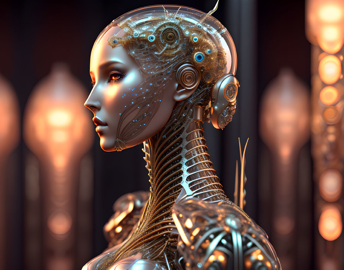 Detailed Female Android with Exposed Mechanical Parts on Warm Background