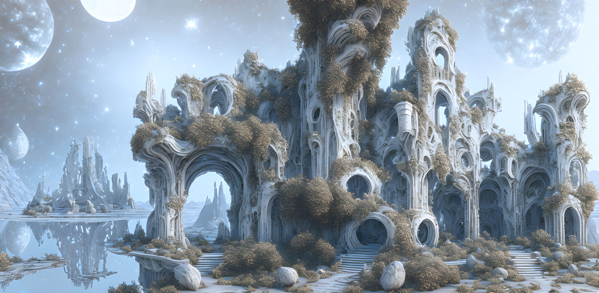 Ornate towers and arches in a fantasy landscape with multiple moons reflected in serene waters