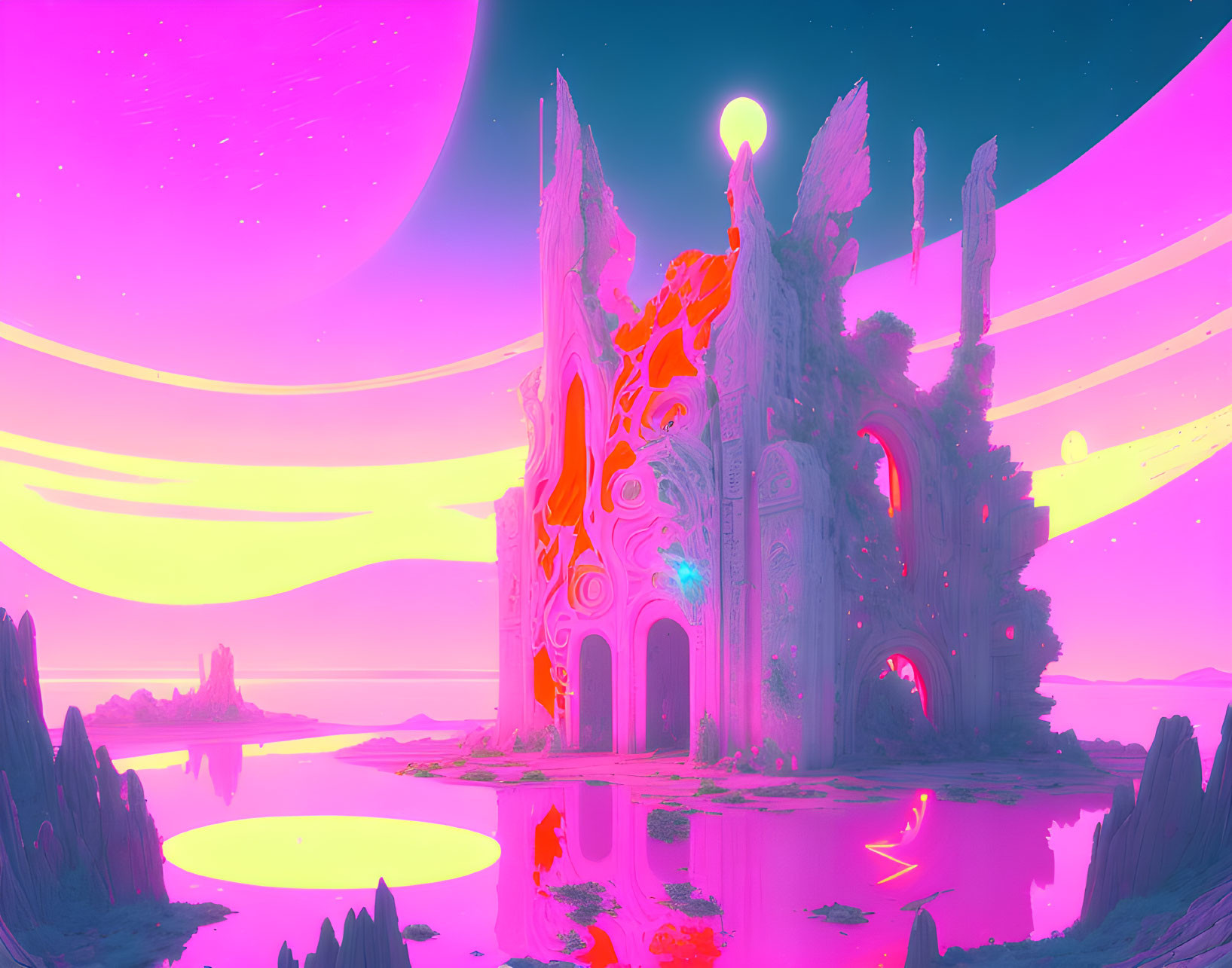 Surreal neon-lit landscape with ruined castle by pink lake